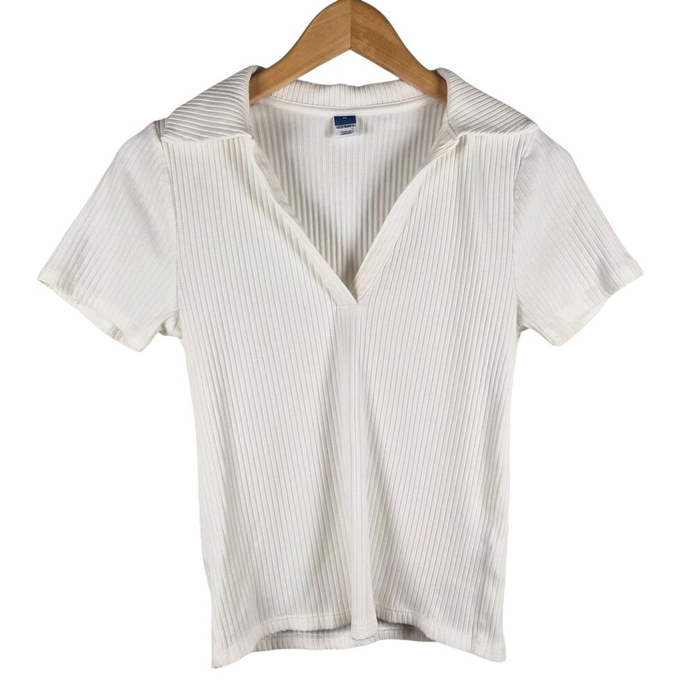Old Navy Short Sleeve Polo Top Ribbed Knit Cream Medium Clean Girl Tenniscore